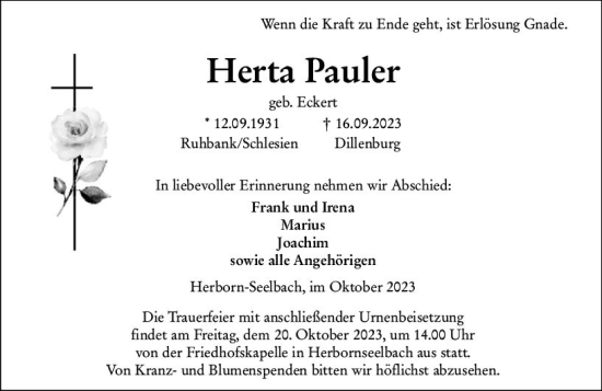 Traueranzeige von Herta Pauler von Dill Block