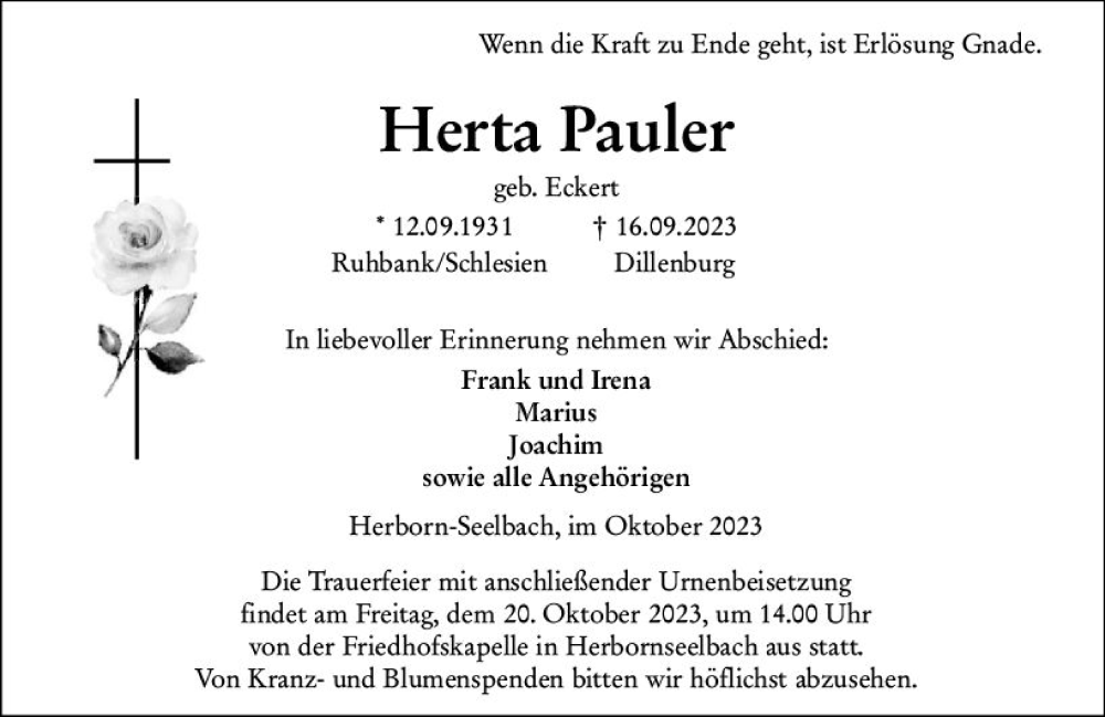  Traueranzeige für Herta Pauler vom 16.10.2023 aus Dill Block