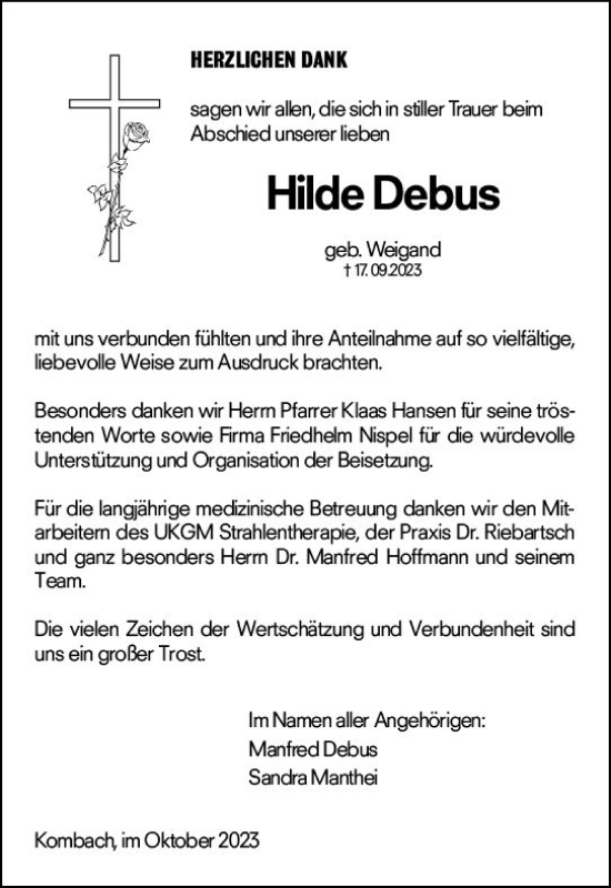 Traueranzeige von Hilde Debus von Hinterländer Anzeiger