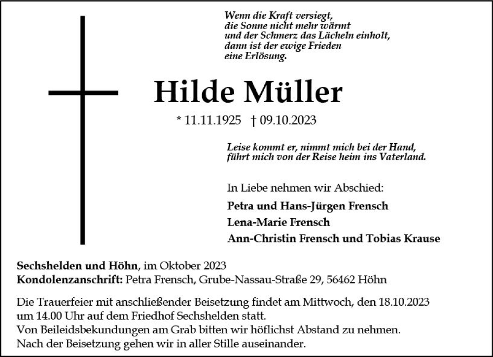  Traueranzeige für Hilde Müller vom 14.10.2023 aus Dill Block