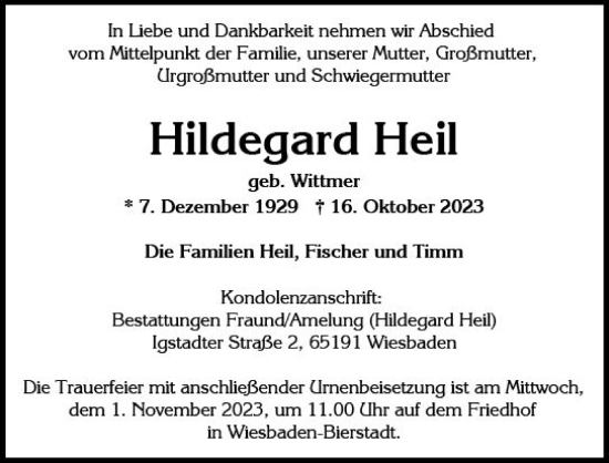 Traueranzeige von Hildegard Heil von Wiesbadener Kurier
