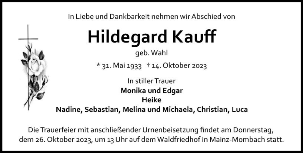  Traueranzeige für Hildegard Kauff vom 21.10.2023 aus Allgemeine Zeitung Mainz
