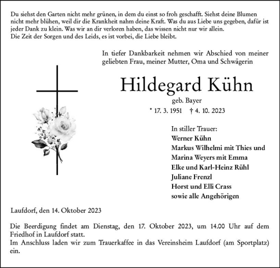 Traueranzeige von Hildegard Kühn von Wetzlarer Neue Zeitung