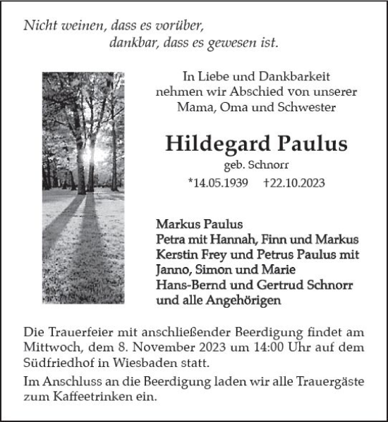 Traueranzeige von Hildegard Paulus von Wiesbadener Kurier