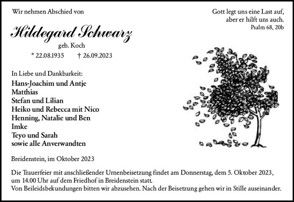 Traueranzeige für Hildegard Schwarz vom 02.10.2023 aus Hinterländer Anzeiger