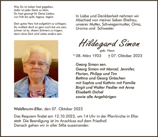 Traueranzeige von Hildegard Simon von Nassauische Neue Presse