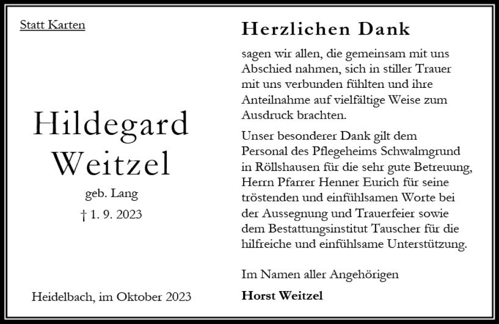  Traueranzeige für Hildegard Weitzel vom 21.10.2023 aus Oberhessen Kurier