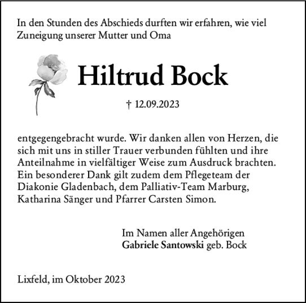  Traueranzeige für Hiltrud Bock vom 21.10.2023 aus Hinterländer Anzeiger