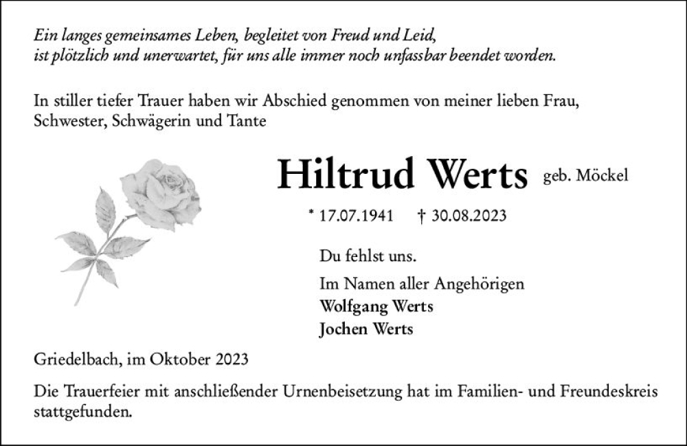  Traueranzeige für Hiltrud Werts vom 06.10.2023 aus Wetzlarer Neue Zeitung