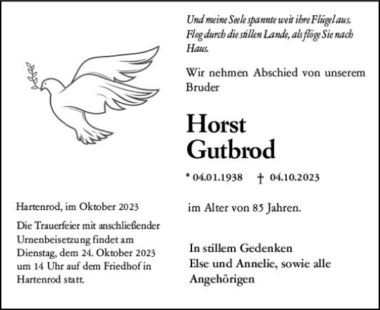 Traueranzeige von Horst Gutbrod von Hinterländer Anzeiger