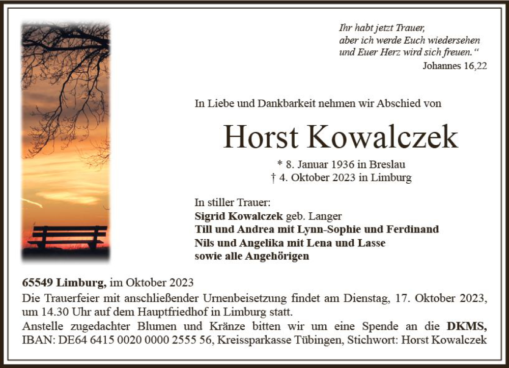  Traueranzeige für Horst Kowalczek vom 07.10.2023 aus Nassauische Neue Presse