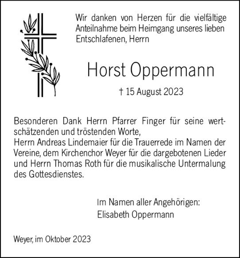 Traueranzeige für Horst Oppermann vom 20.10.2023 aus Weilburger Tageblatt