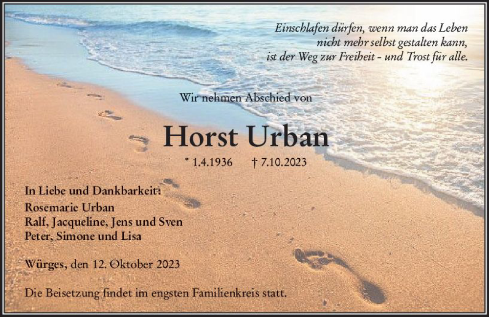  Traueranzeige für Horst Urban vom 12.10.2023 aus Camberger Anzeiger