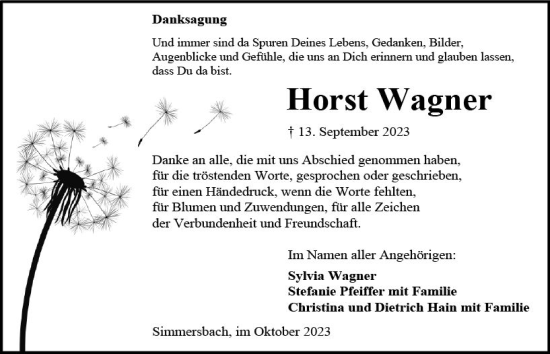 Traueranzeige von Horst Wagner von Dill Block