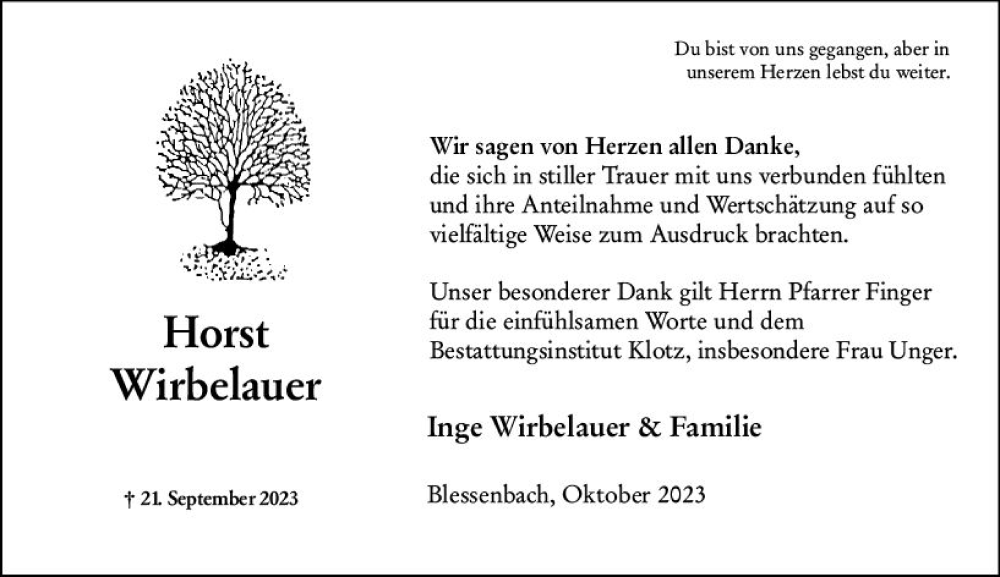  Traueranzeige für Horst Wirbelauer vom 28.10.2023 aus Weilburger Tageblatt