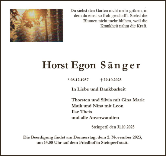 Traueranzeige von Horst Egon Sänger von Hinterländer Anzeiger