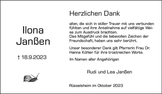 Traueranzeige von Ilona Janßen von Rüsselsheimer Echo