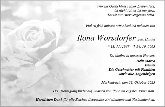 Traueranzeige von Ilona Wörsdörfer von Dill Block