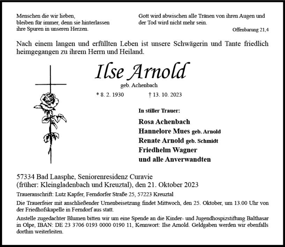  Traueranzeige für Ilse Arnold vom 21.10.2023 aus Hinterländer Anzeiger