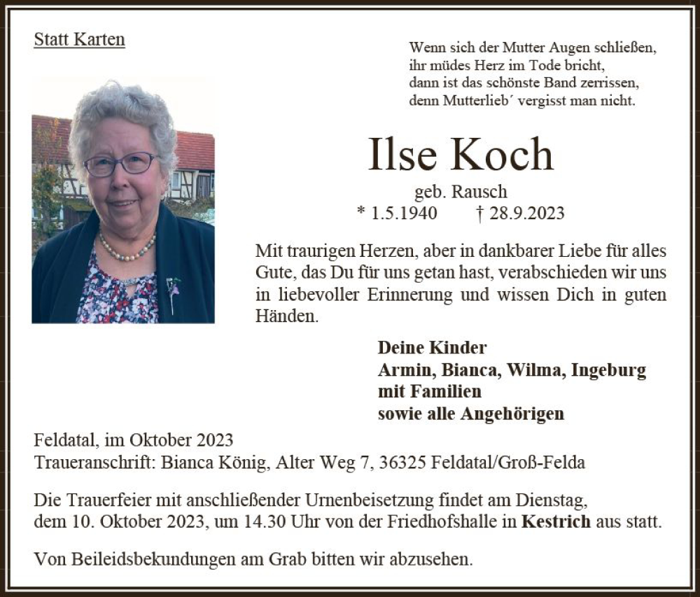  Traueranzeige für Ilse Koch vom 07.10.2023 aus Oberhessen Kurier