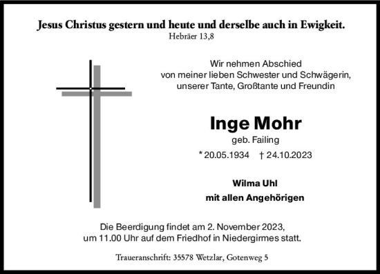 Traueranzeige von Inge Mohr von Wetzlarer Neue Zeitung