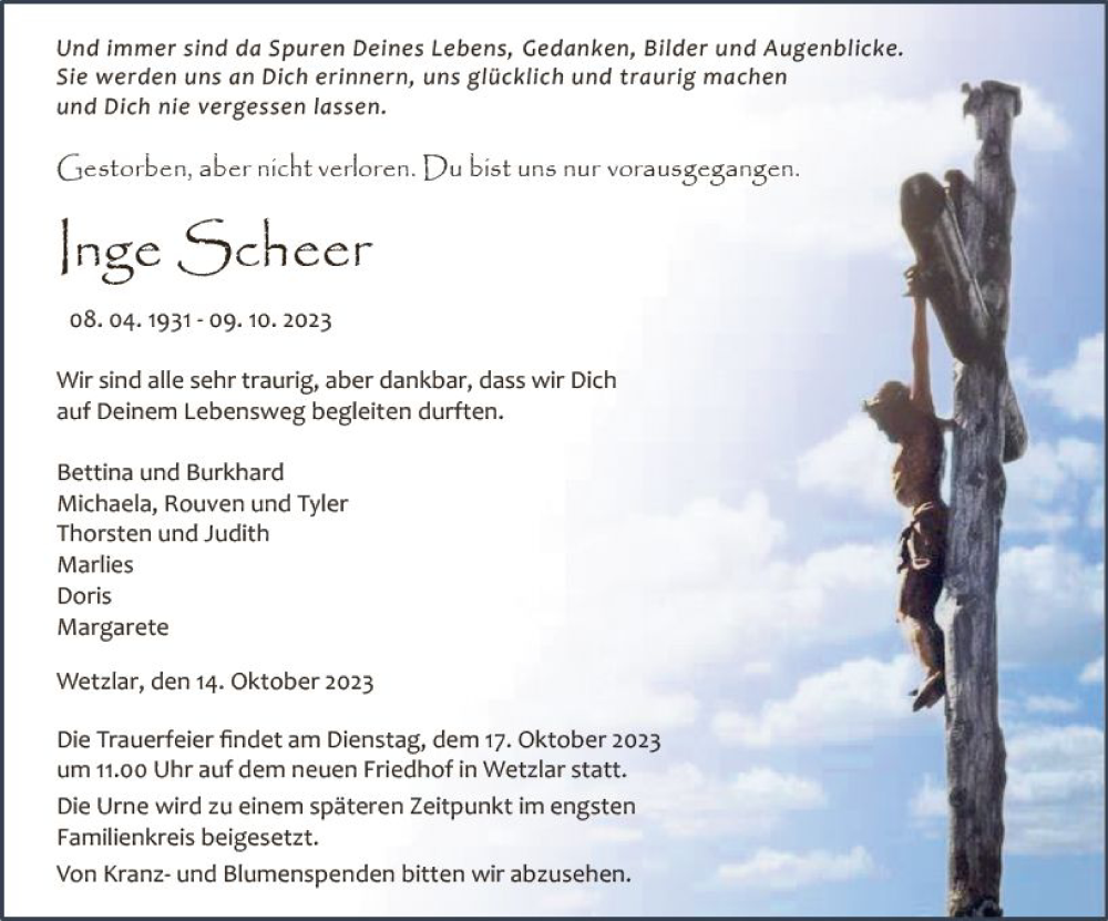  Traueranzeige für Inge Scheer vom 14.10.2023 aus Wetzlarer Neue Zeitung