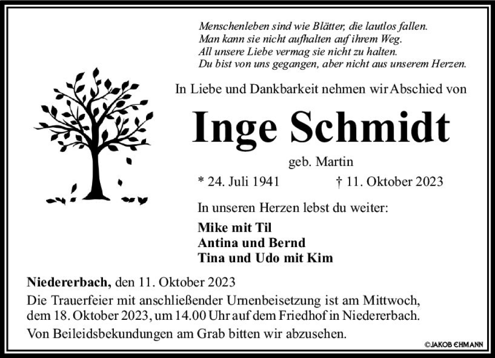  Traueranzeige für Inge Schmidt vom 14.10.2023 aus Nassauische Neue Presse