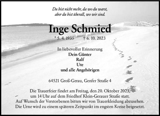 Traueranzeige von Inge Schmied von Groß-Gerauer Echo
