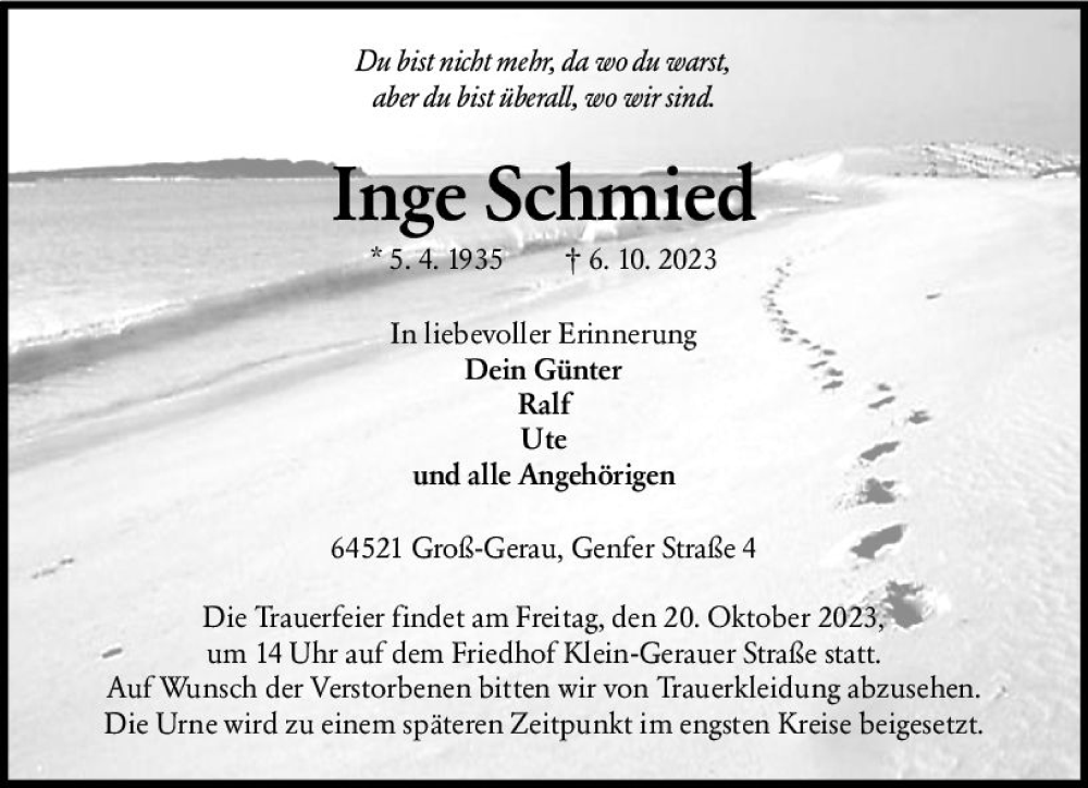  Traueranzeige für Inge Schmied vom 14.10.2023 aus Groß-Gerauer Echo