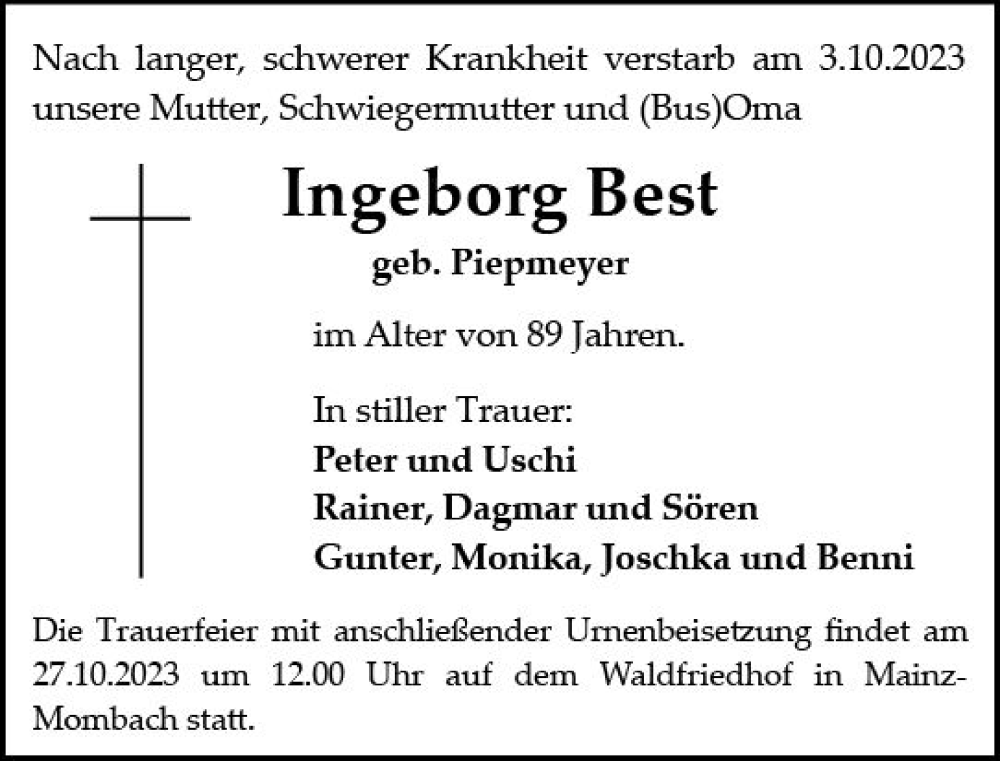  Traueranzeige für Ingeborg Best vom 21.10.2023 aus Allgemeine Zeitung Mainz
