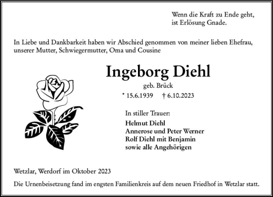 Traueranzeige von Ingeborg Diehl von Wetzlarer Neue Zeitung