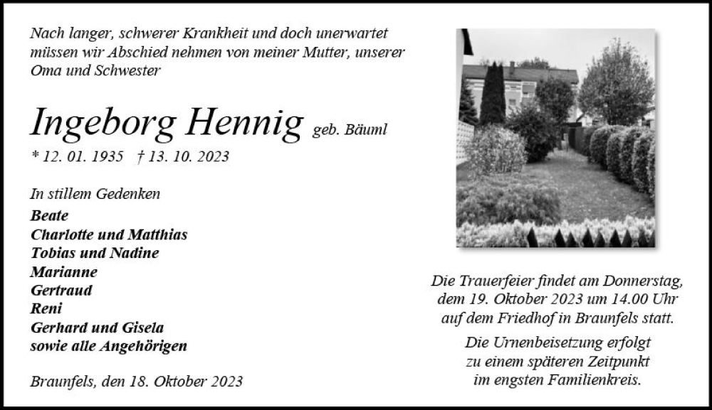  Traueranzeige für Ingeborg Hennig vom 18.10.2023 aus Wetzlarer Neue Zeitung