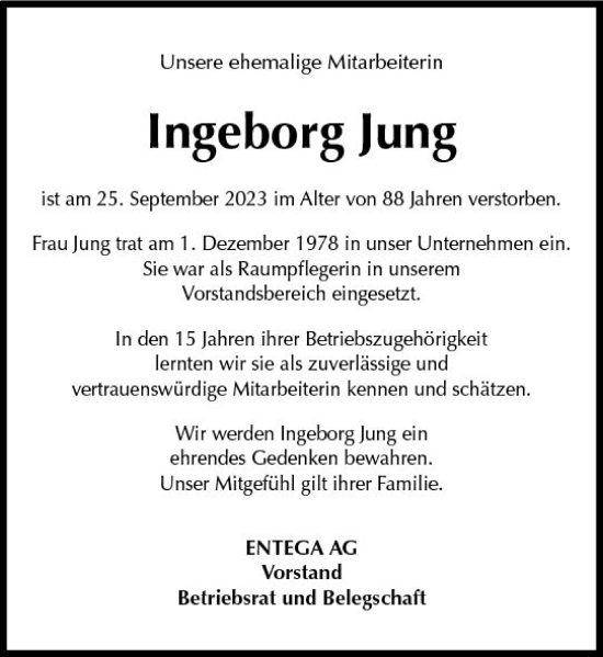 Traueranzeige von Ingeborg Jung von Odenwälder Echo