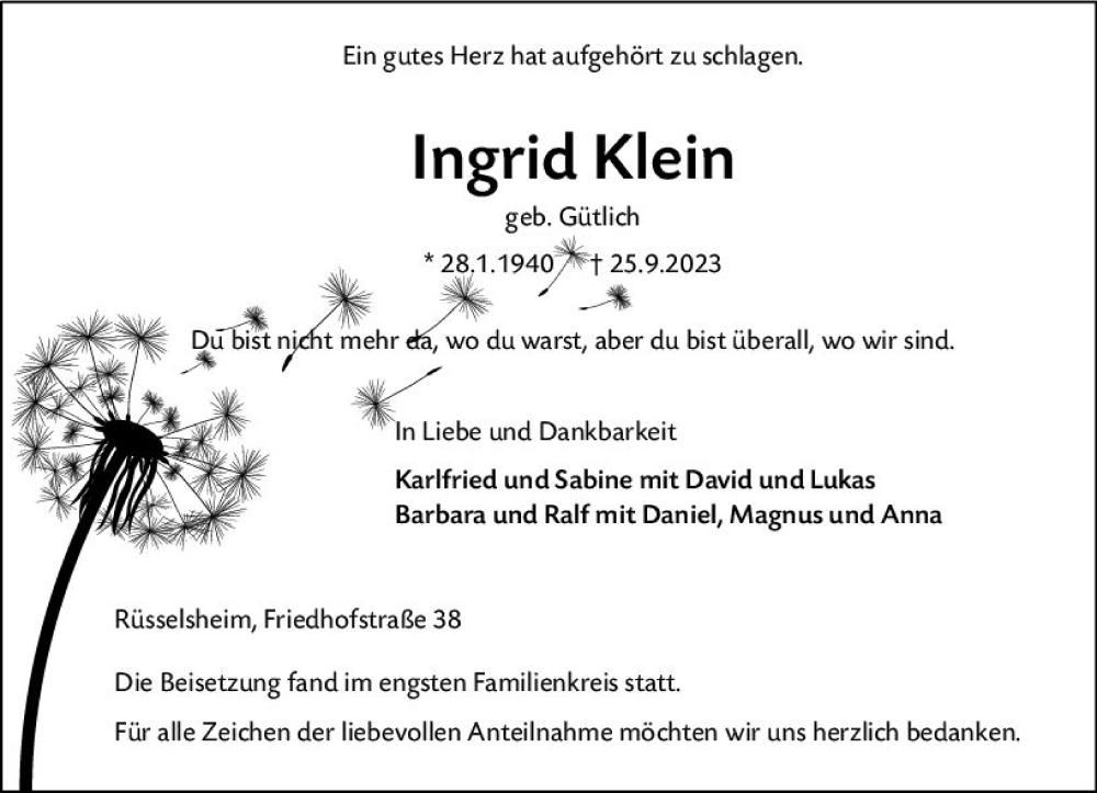  Traueranzeige für Ingrid Klein vom 07.10.2023 aus Rüsselsheimer Echo