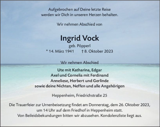 Traueranzeige von Ingrid Vock von Starkenburger Echo