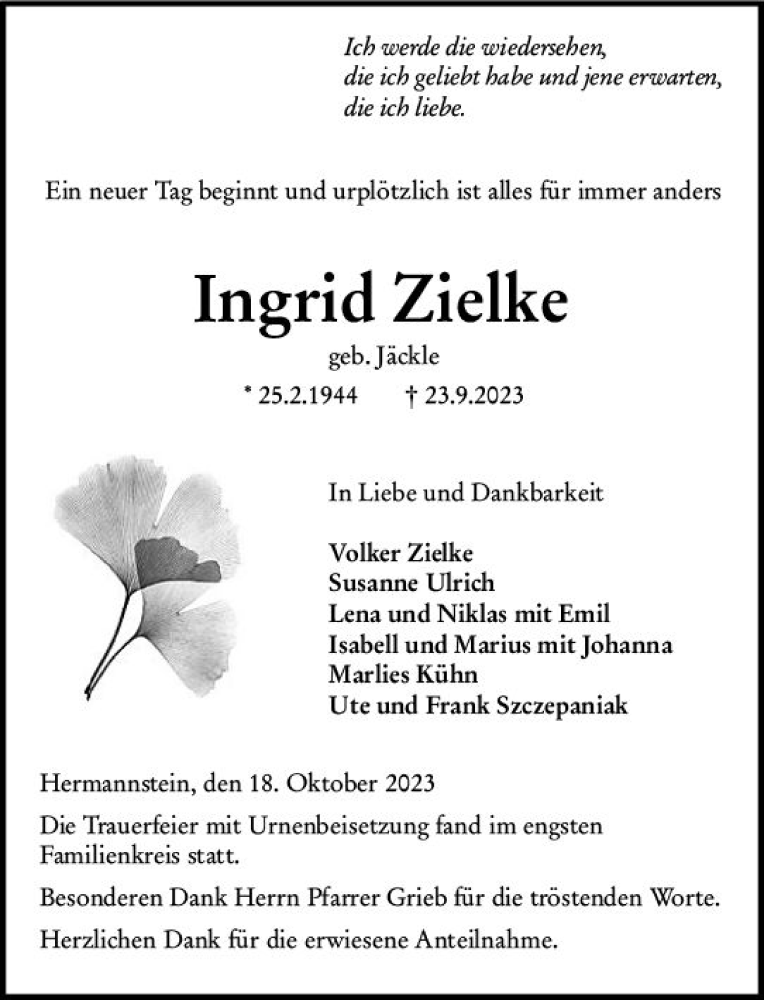  Traueranzeige für Ingrid Zielke vom 18.10.2023 aus Wetzlarer Neue Zeitung