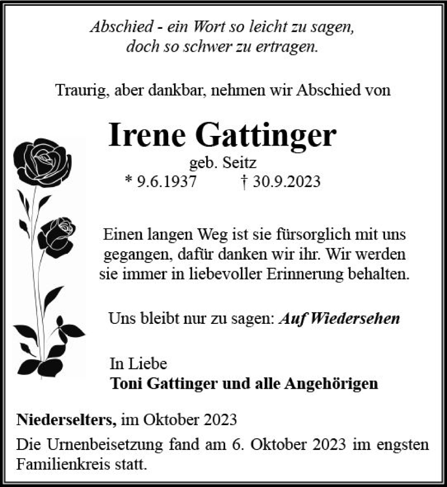  Traueranzeige für Irene Gattinger vom 12.10.2023 aus Camberger Anzeiger