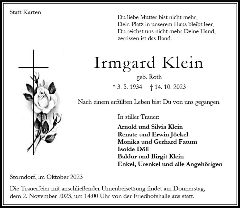  Traueranzeige für Irmgard Klein vom 28.10.2023 aus Oberhessen Kurier