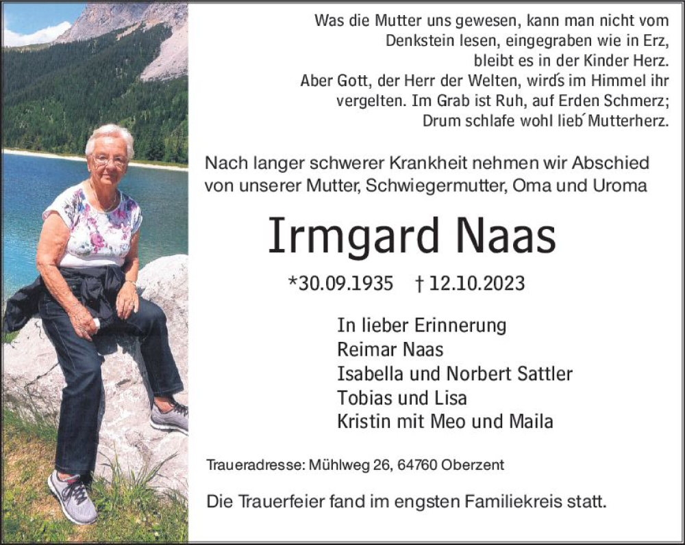  Traueranzeige für Irmgard Naas vom 28.10.2023 aus Odenwälder Echo
