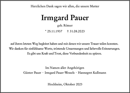 Traueranzeige von Irmgard Pauer von Hochheimer Zeitung