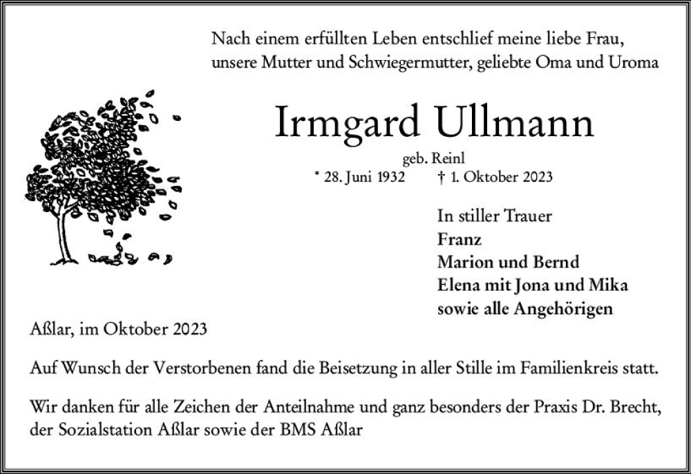  Traueranzeige für Irmgard Ullmann vom 14.10.2023 aus Wetzlarer Neue Zeitung