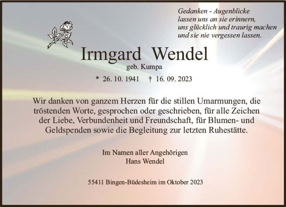  Traueranzeige für Irmgard Wendel vom 14.10.2023 aus Allgemeine Zeitung Bingen/Ingelheim