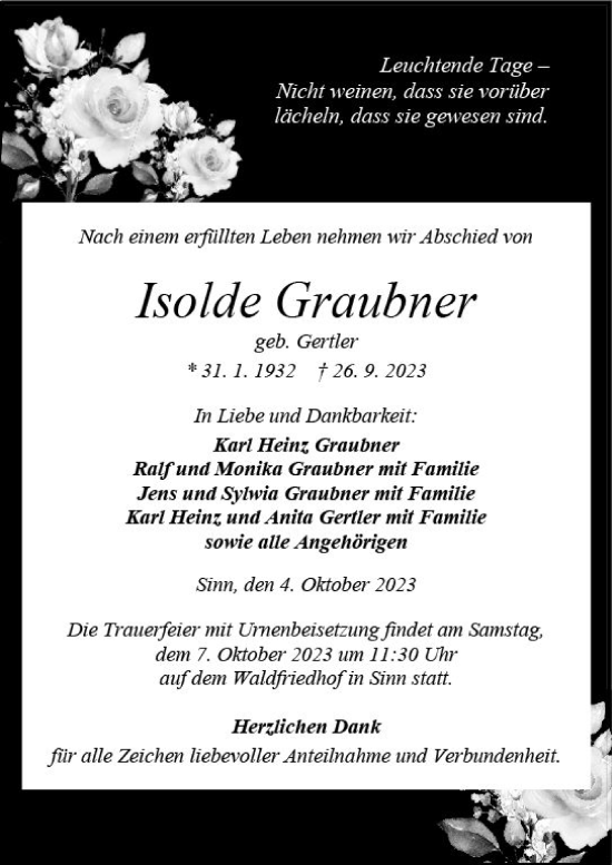 Traueranzeige von Isolde Graubner von Dill Block