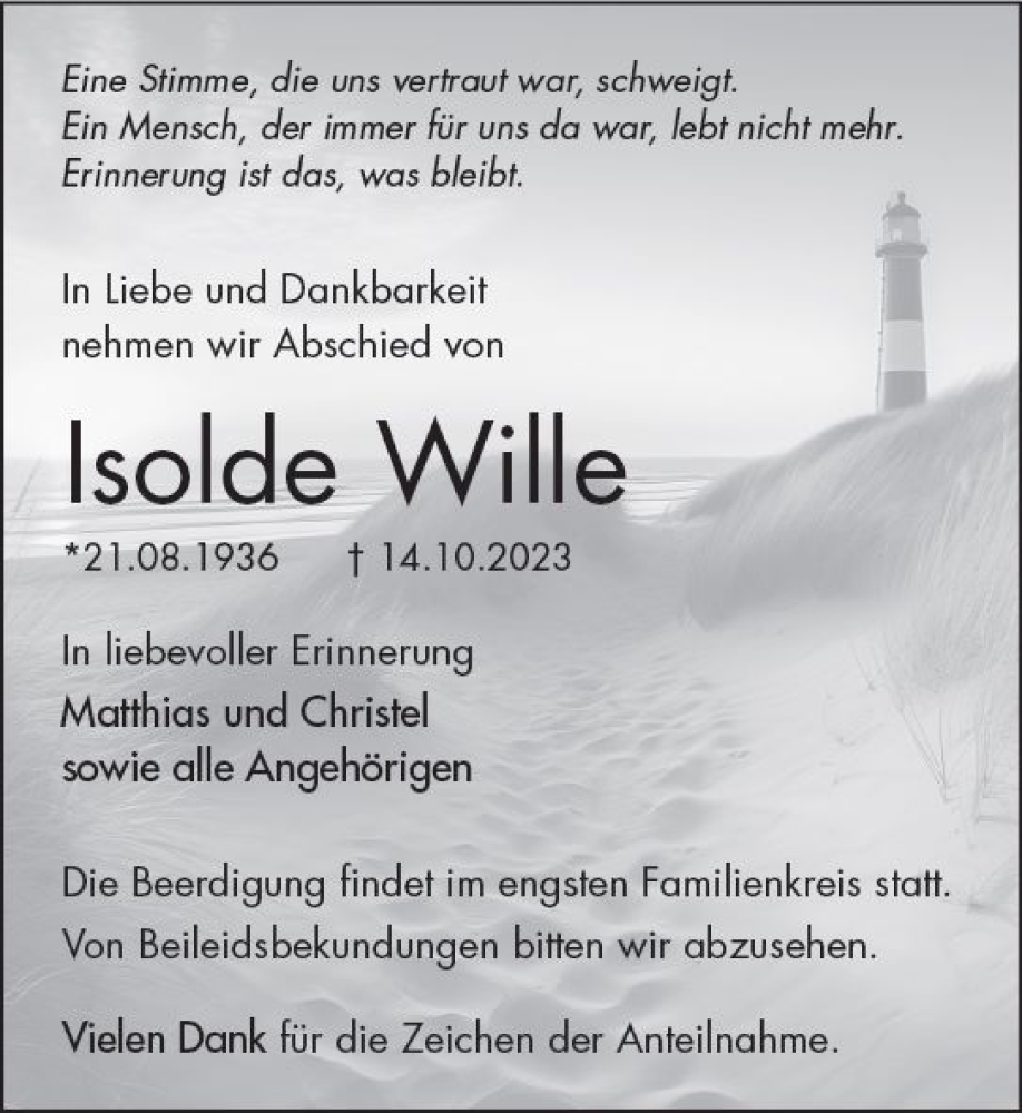  Traueranzeige für Isolde Wille vom 21.10.2023 aus Wetzlarer Neue Zeitung