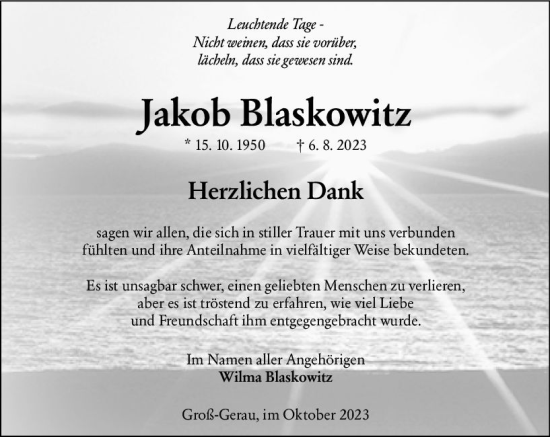 Traueranzeige von Jakob Blaskowitz von Groß-Gerauer Echo