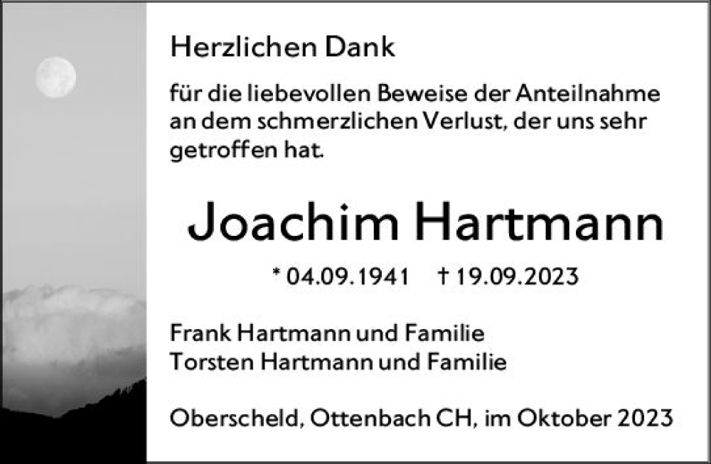  Traueranzeige für Joachim Hartmann vom 28.10.2023 aus Dill Block