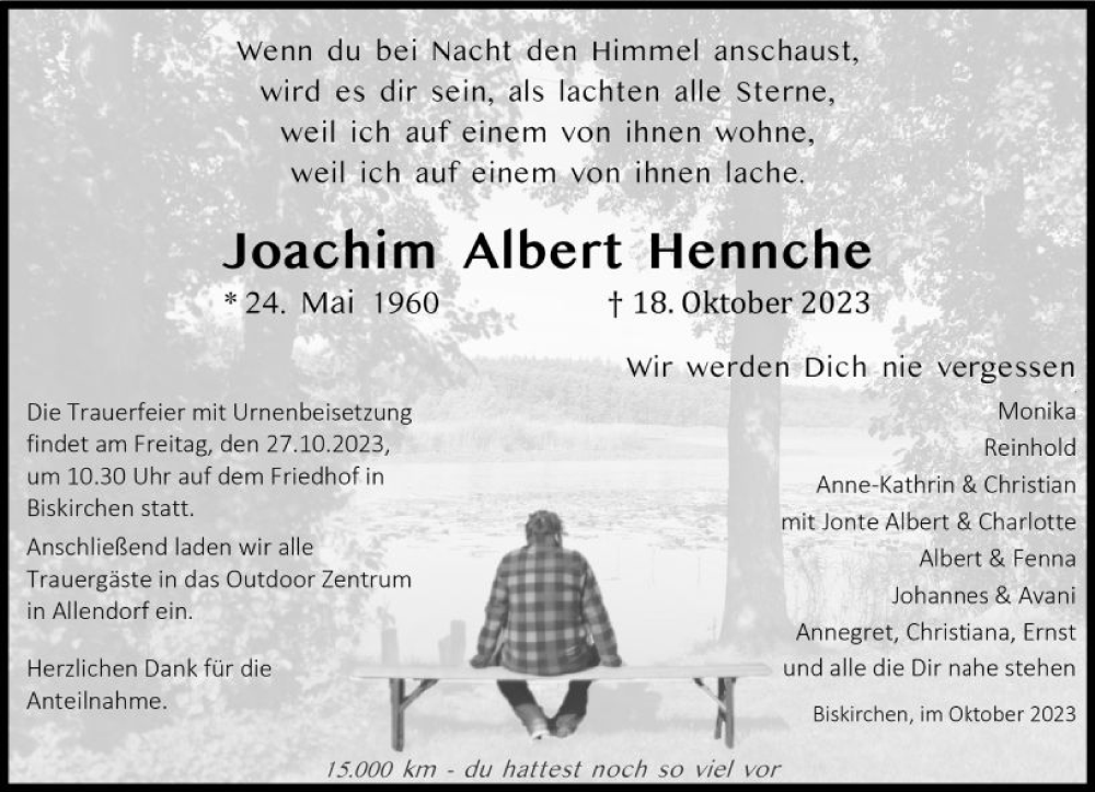  Traueranzeige für Joachim Albert Hennche vom 24.10.2023 aus Weilburger Tageblatt