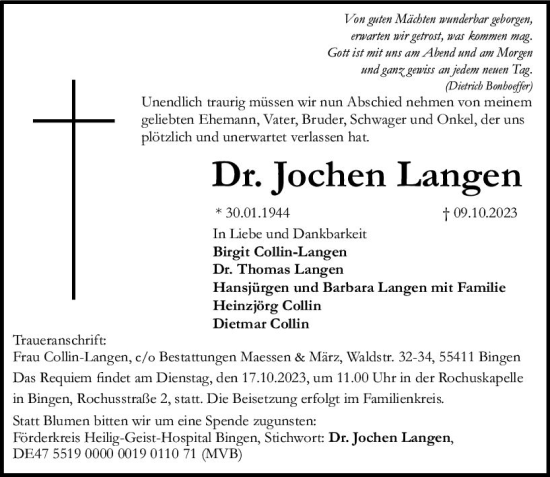 Traueranzeige von Jochen Langen von Allgemeine Zeitung Bingen/Ingelheim