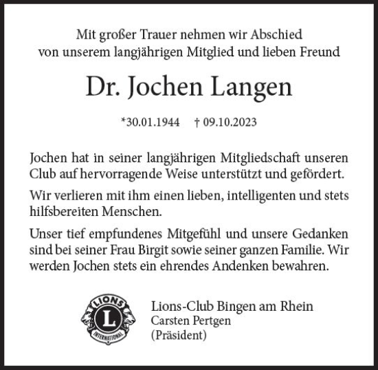Traueranzeige von Jochen Langen von Allgemeine Zeitung Bingen/Ingelheim