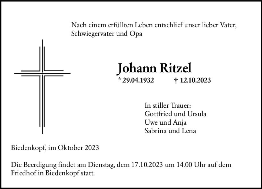  Traueranzeige für Johann Ritzel vom 14.10.2023 aus Hinterländer Anzeiger